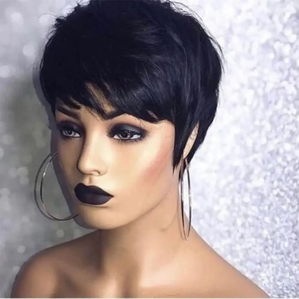 Perruque courte et lisse en cheveux humains, coupe Pixie, fabriquée à la machine, pour femmes noires, avec frange, dégradée, vierge, noir 1B, bonnet complet