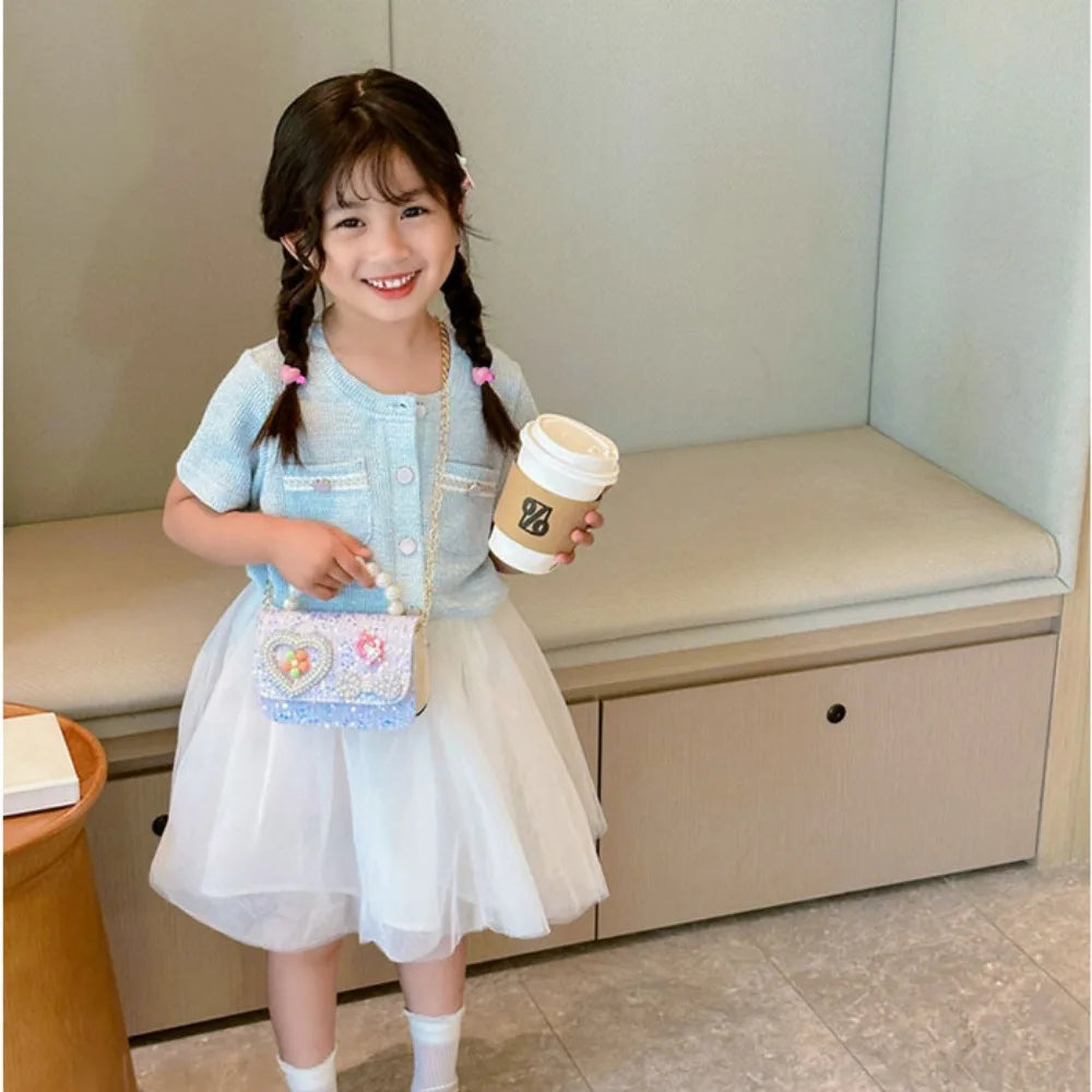 2024 Korean Style Pearl Kid's Handbag Lace Bow Princess Shoulder Messenger Bag Sequin Zero Wallet Pocket Pack