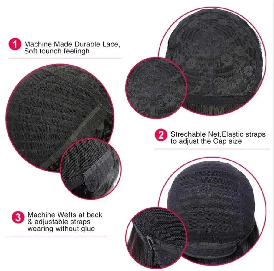 Perruque courte et lisse en cheveux humains, coupe Pixie, fabriquée à la machine, pour femmes noires, avec frange, dégradée, vierge, noir 1B, bonnet complet