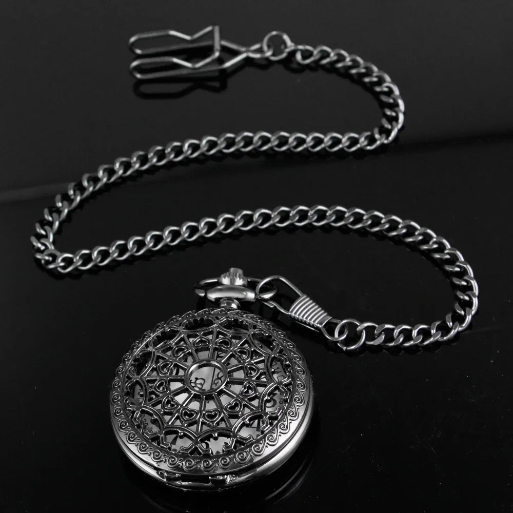 Black Thorn Heart Hollow Quartz Pocket Watch Classic Retro Necklace Pendant for Men Women Necklace Gifts Clock Relogio De Bolso