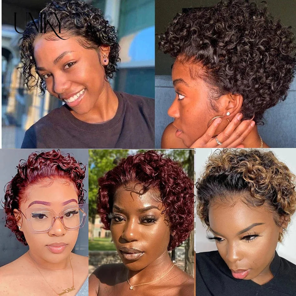 Pixie Cut Wig for Black Women Preplucked 13x1 13x4 Lace Hairline Water Wave Wig Peruvian Short Curly Lace Bouncy Human Hair Wigs