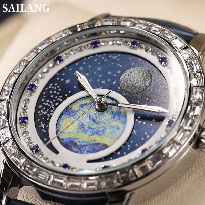100%Original SAILANG Men Watch Waterproof Leather Strap Simple Fashion Starry Sky Swarovski Diamonds Men’s Luxury WristWatch