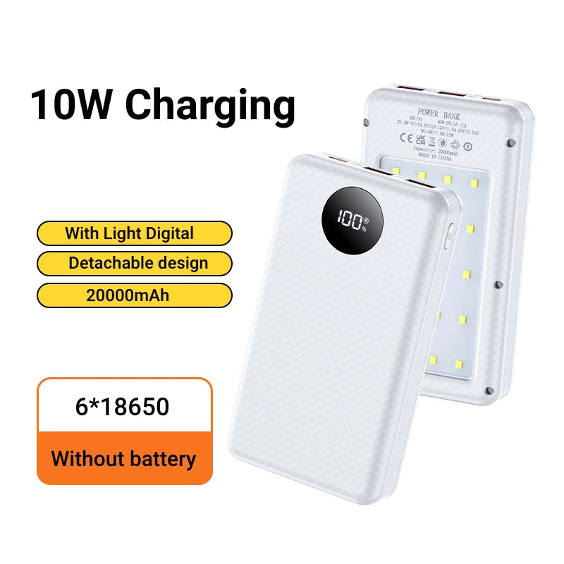 6*18650 Power Bank Battery Box Holder Dual USB Type C Charge Shell With camping lights for iPhone Huawei 18650 Battery Cases