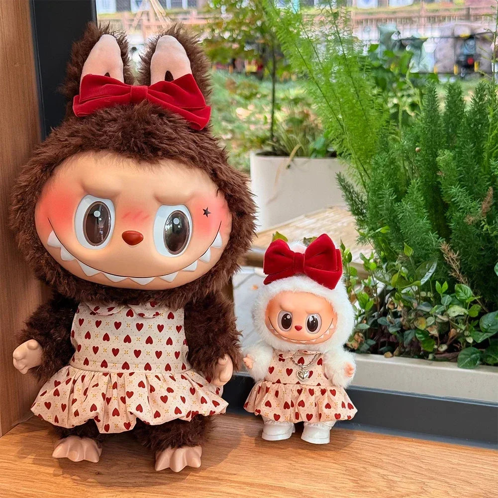 Lovely Bow Heart Flower Bud Skirt Set Decor Dress Sweater Cardigan Outfit Dolls Accessories For 17cm/38cm Labubu Doll Clothes