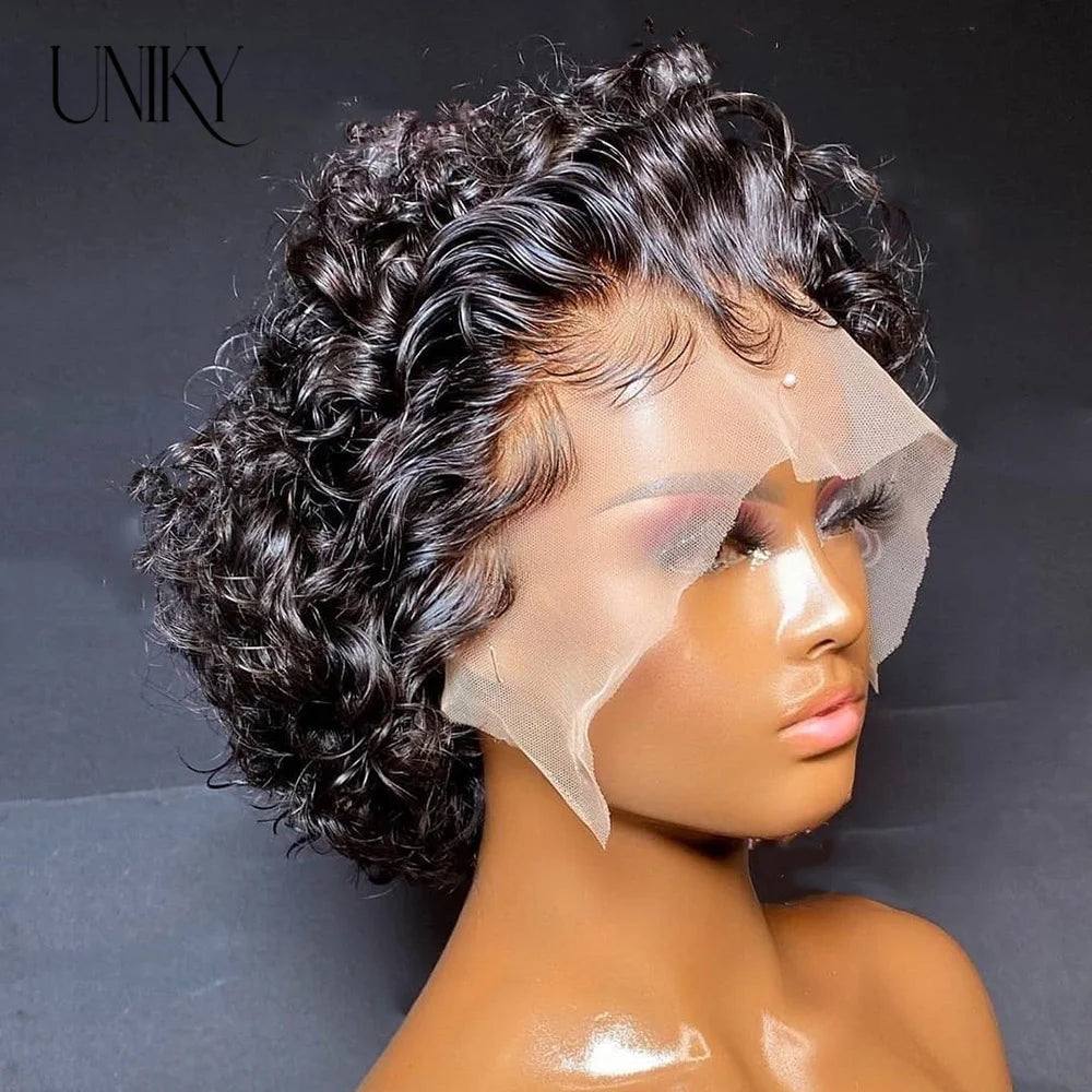 Pixie Cut Wig for Black Women Preplucked 13x1 13x4 Lace Hairline Water Wave Wig Peruvian Short Curly Lace Bouncy Human Hair Wigs