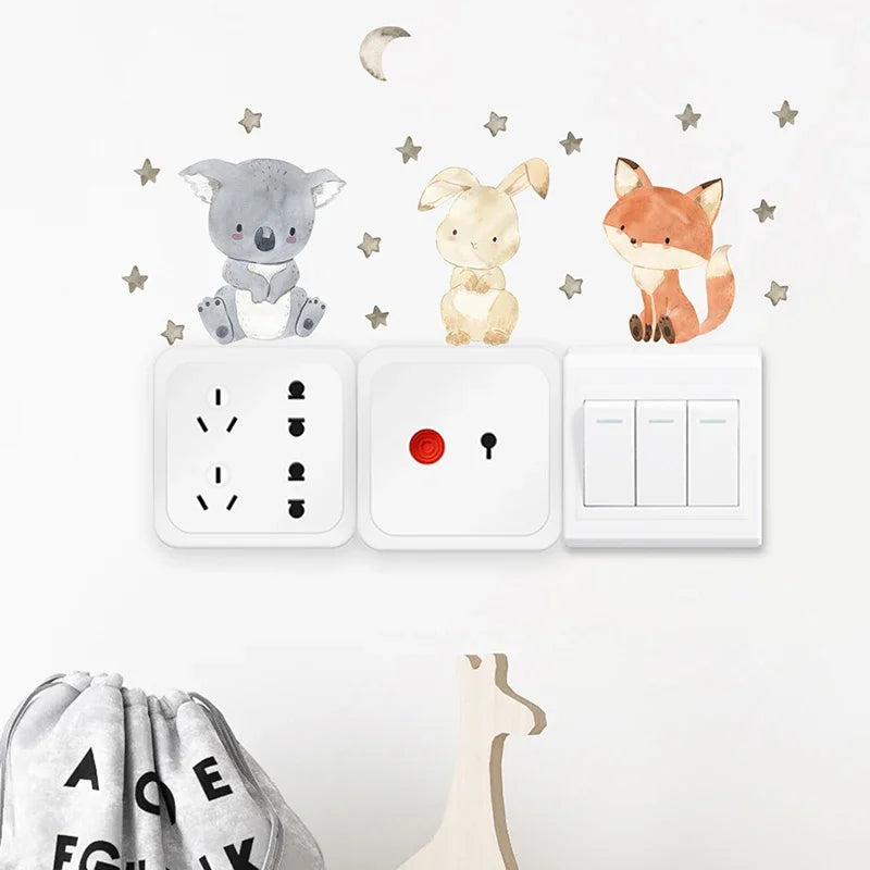 Lot de 6 autocollants muraux animaux de dessin animé pour chambre d'enfant, chambre de bébé, décoration pour interrupteur, chambre d'enfant, chambre d'enfant