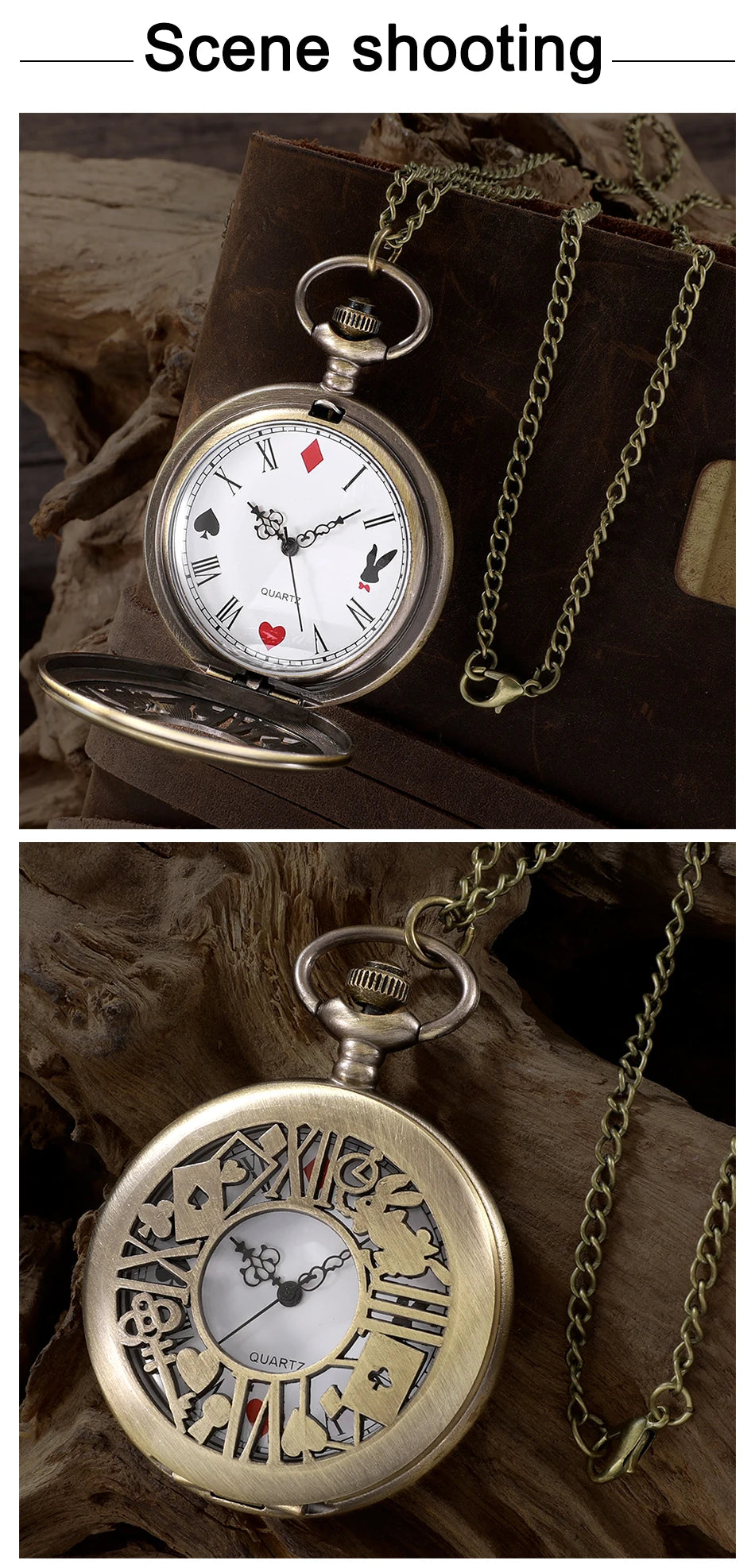 Montre de poche à quartz en bronze, style rétro Alice, pendentif, collier, cadeau pour homme et femme