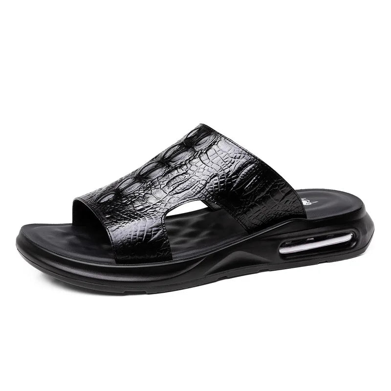 Chaussures d'été pour hommes, sandales en cuir véritable, imprimé crocodile, pantoufles décontractées, tongs à coussin d'air, chaussures de plage cool