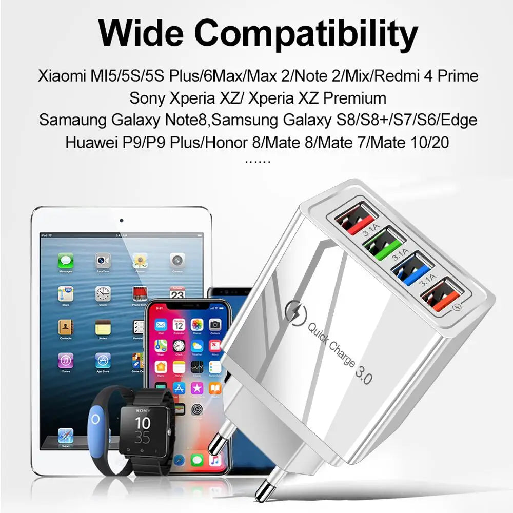 4 Ports USB Charger Fast Charging EU/US Plug Mobile Phone Charger Universal Quick Charge 3.0 Power Adapter For Xiaomi 12 Pro Max