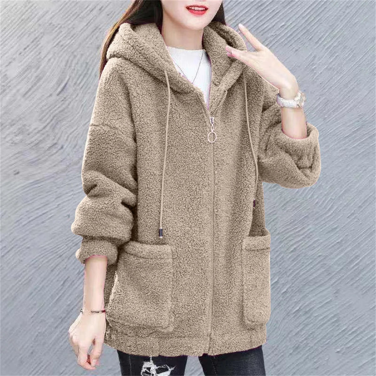 Women Fleece Hooded Sweater Solid Lamb Cashmere Cardigan Jacket Coat Ladies Casual Plush Autumn Winter Long Sleeve Solid Tops
