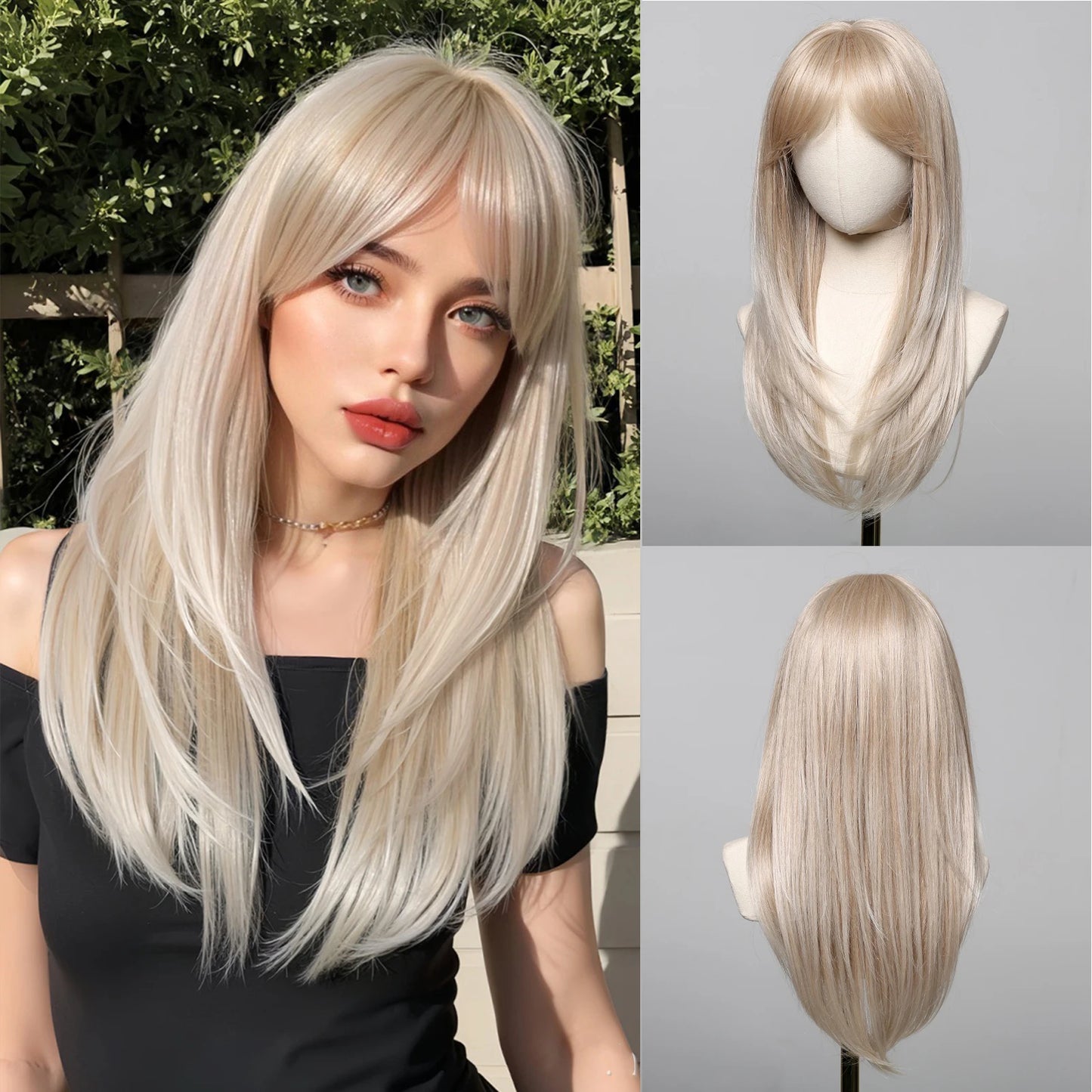 Perruques synthétiques longues blondes EASIHAIR pour femmes, cheveux naturels lisses et dégradés avec frange, résistantes à la chaleur, pour un usage quotidien