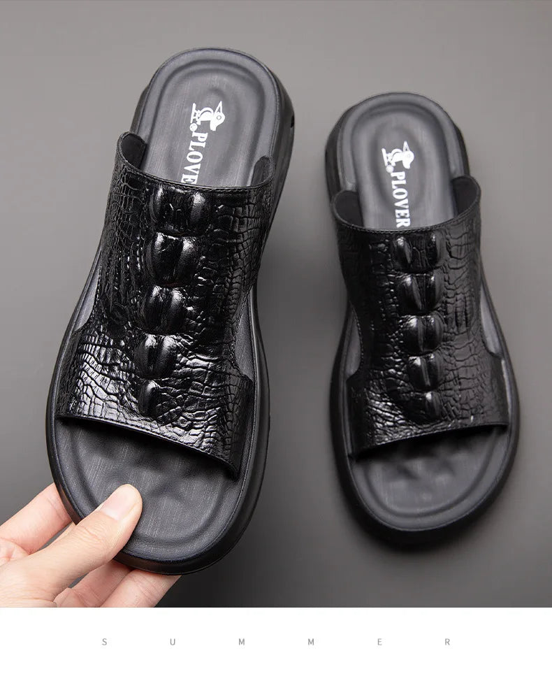 Chaussures d'été pour hommes, sandales en cuir véritable, imprimé crocodile, pantoufles décontractées, tongs à coussin d'air, chaussures de plage cool