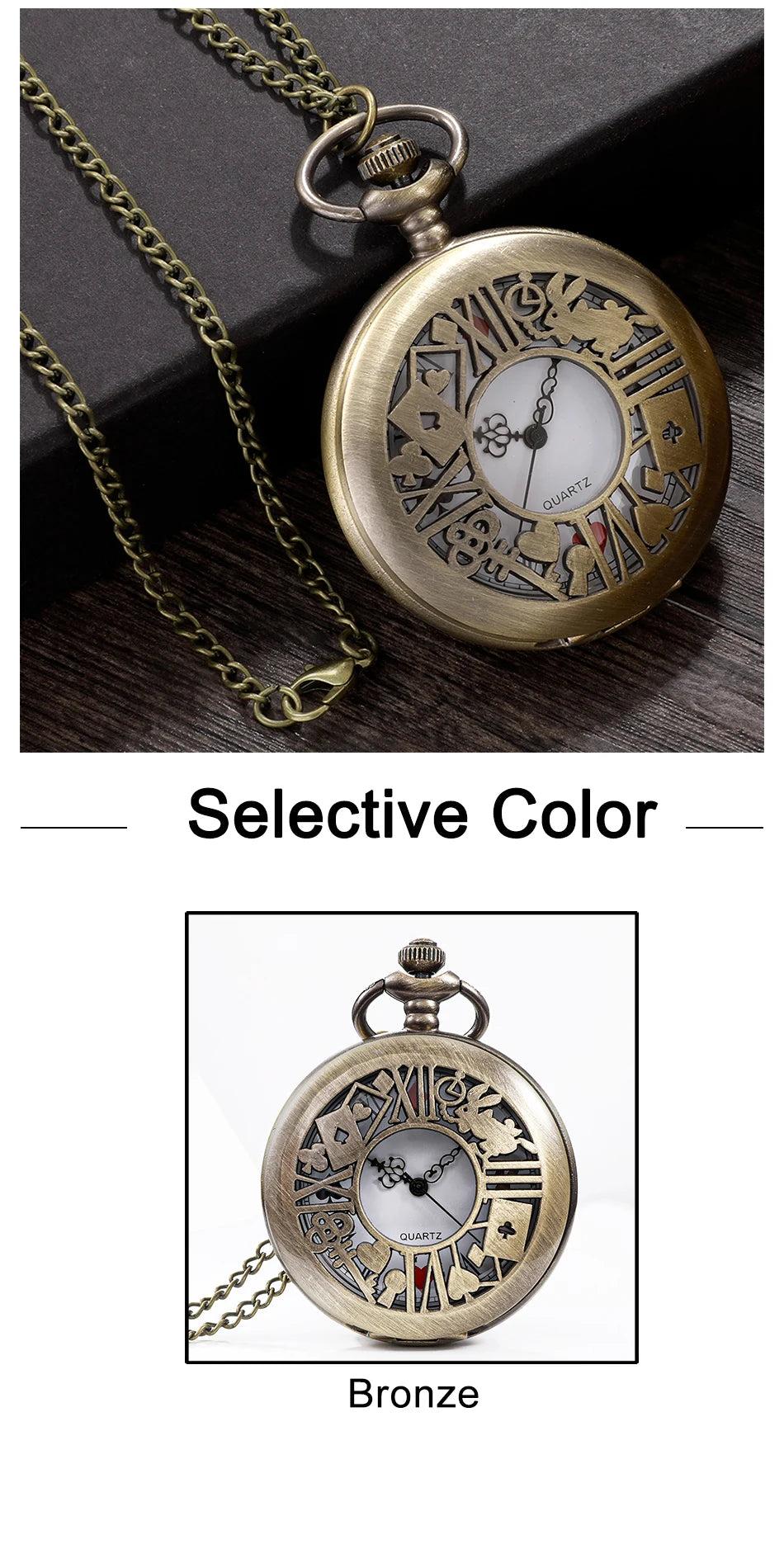 Montre de poche à quartz en bronze, style rétro Alice, pendentif, collier, cadeau pour homme et femme