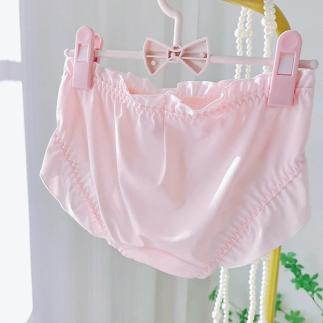 Lotus Leaf Edge High Slit Lolita Sweet Panties Japanese Cute Student Mid Waist Underwear Girl Milk Silk Triangle Pants 섹시