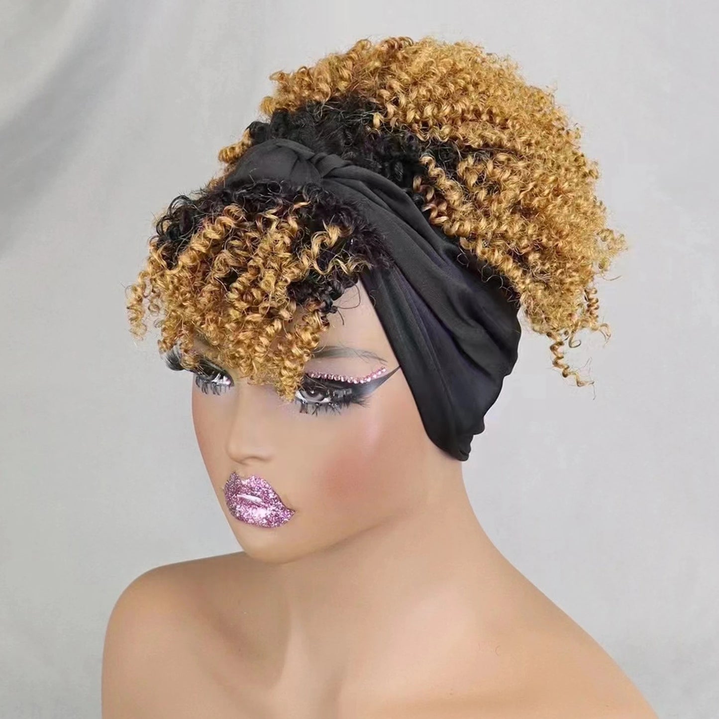 200% Density 1BT30 Afro Kinky Curly Scarf Wig with Bangs Machine Made Wig Curly 100% Human Hair Wig Preplucked for Black Women
