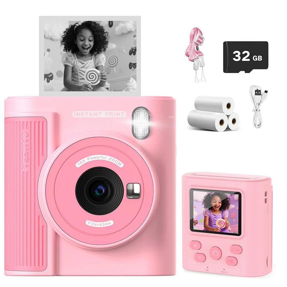 Kids Camera Instant Print HD 1080P 16X Zoom Digital Camera Video Recorder Toy for Girls & Boys Best Christmas Birthday Gfits