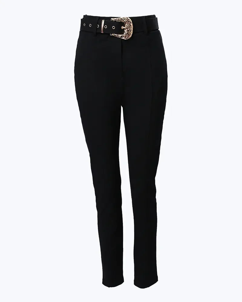 Women's Pants 2023 Spring Trend Fashion High Waist Pocket Design Casual Plain Skinny Daily Long Pants with Belt