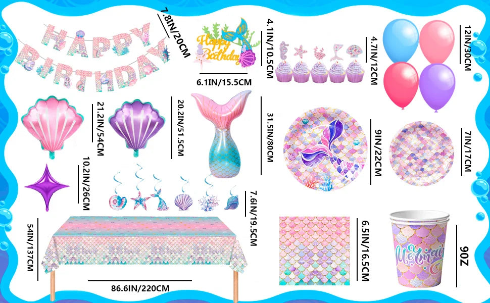 Mermaid Party Supplies,90 Pcs Party Supplies Kit-Mermaid Birthday Plates Cups Napkins Tablecloth&Banner Balloons etc for Girls