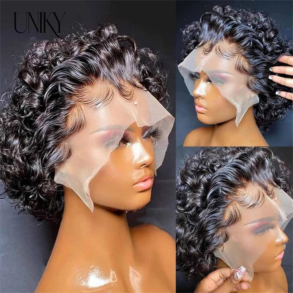 Pixie Cut Wig for Black Women Preplucked 13x1 13x4 Lace Hairline Water Wave Wig Peruvian Short Curly Lace Bouncy Human Hair Wigs