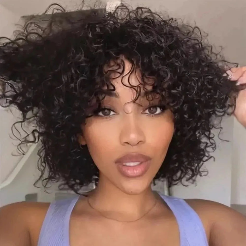 Full Machine Made 8 Inch Short Pixie Curly Bob Wig with Bangs Brazilian Human Hair Bouncy Curl Wig for Women Ready to Go Wig 