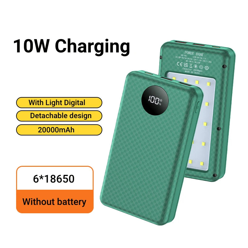 6*18650 Power Bank Battery Box Holder Dual USB Type C Charge Shell With camping lights for iPhone Huawei 18650 Battery Cases