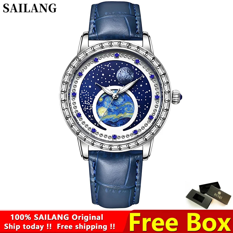 100%Original SAILANG Men Watch Waterproof Leather Strap Simple Fashion Starry Sky Swarovski Diamonds Men’s Luxury WristWatch