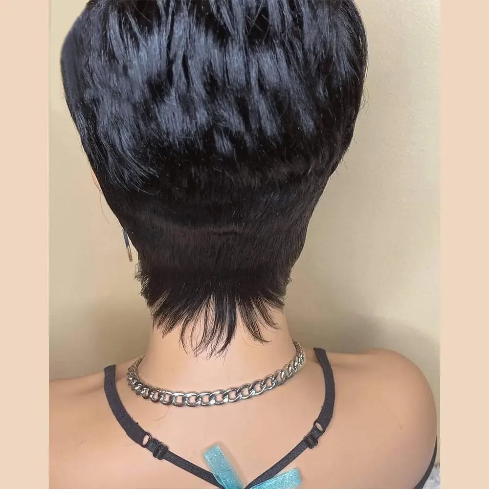 Perruque courte et lisse en cheveux humains, coupe Pixie, fabriquée à la machine, pour femmes noires, avec frange, dégradée, vierge, noir 1B, bonnet complet