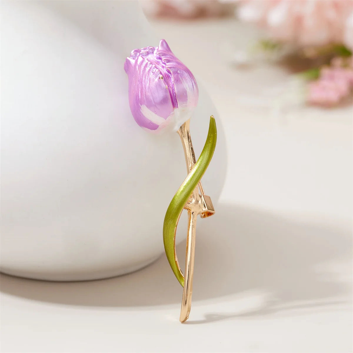 Rinhoo Luxury Pink Green Zircon Tulip Flower Brooch For Women Elegant Pearl Floral Lapel Pins Plant Button Badge Wedding Jewelry
