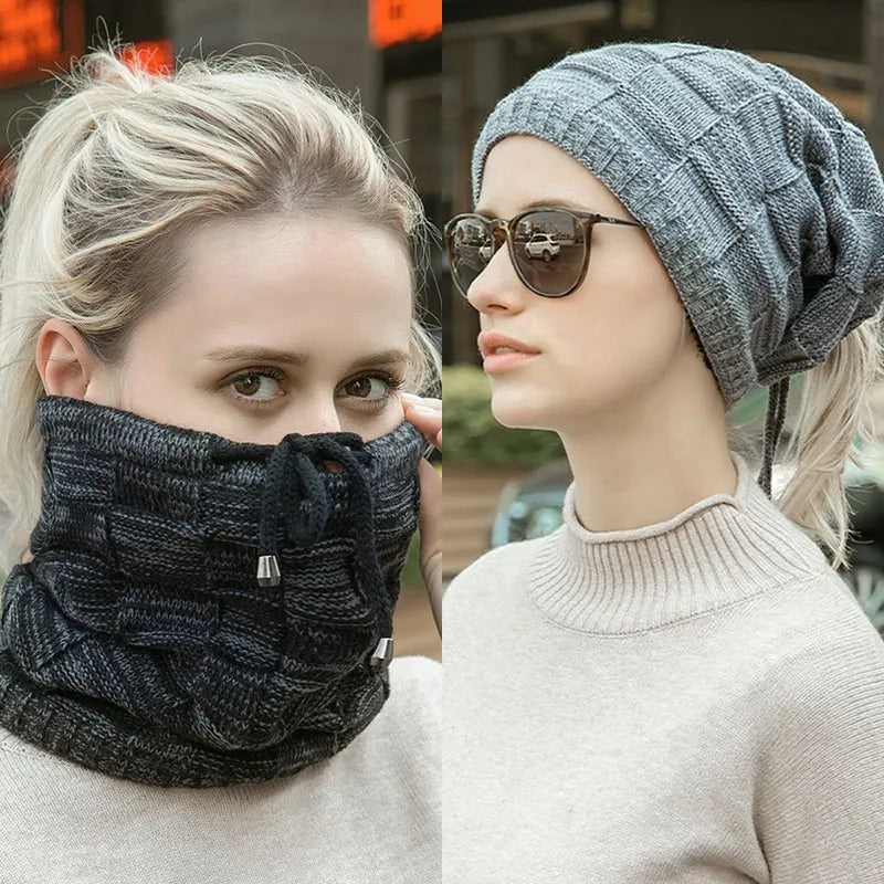 Bonnet tricoté chaud pour homme et femme, bonnet à pompon, bandana, cordon de serrage, écharpe, épais, chaud et doux, tête et cou