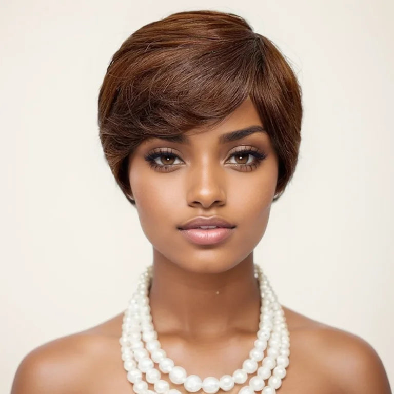 Perruque courte et lisse en cheveux humains, coupe Pixie, fabriquée à la machine, pour femmes noires, avec frange, dégradée, vierge, noir 1B, bonnet complet