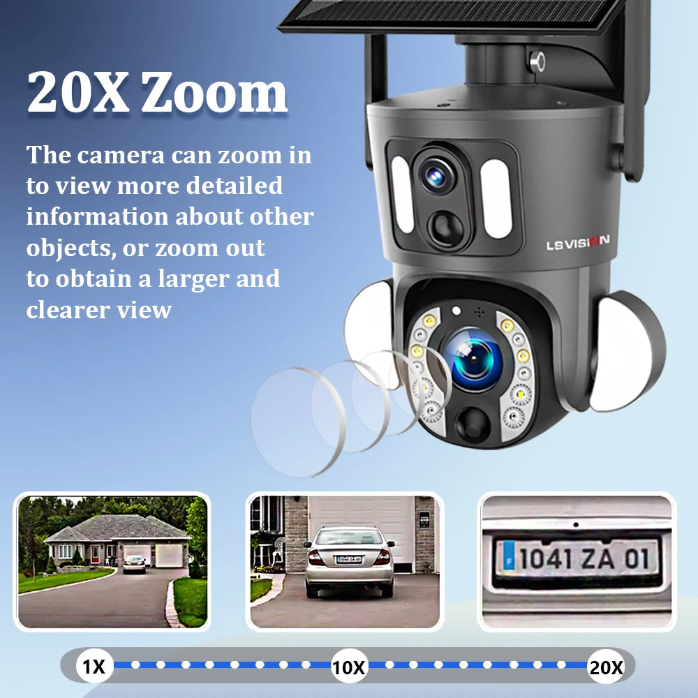 LS VISION 4G Solar Security Camera Outdoor 20X Zoom Dual Screen 8MP WiFi PTZ Dual Lens PIR Detection Auto Tracking Camera UBOX