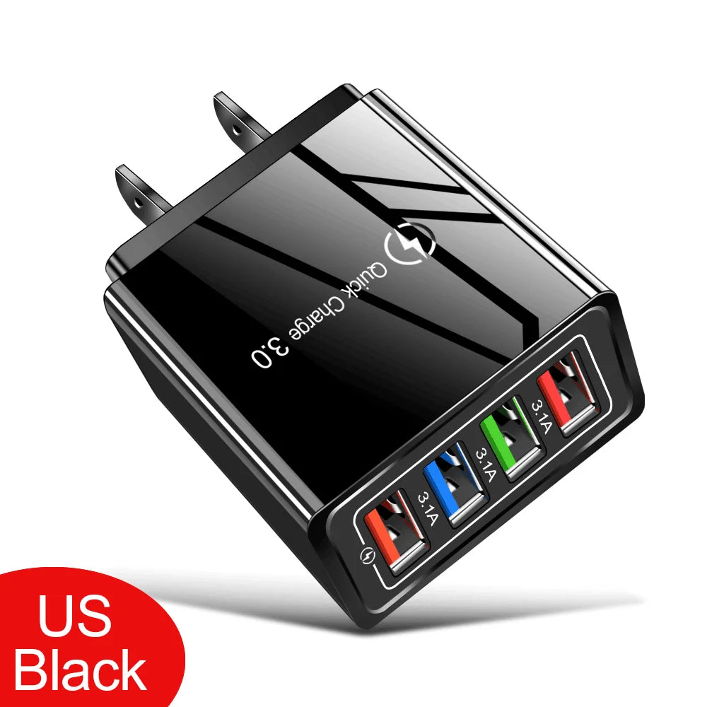 4 Ports USB Charger Fast Charging EU/US Plug Mobile Phone Charger Universal Quick Charge 3.0 Power Adapter For Xiaomi 12 Pro Max