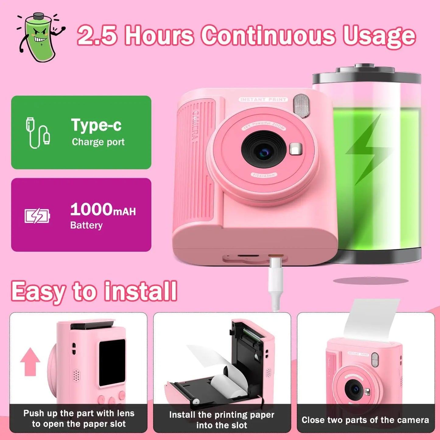 Kids Camera Instant Print HD 1080P 16X Zoom Digital Camera Video Recorder Toy for Girls & Boys Best Christmas Birthday Gfits