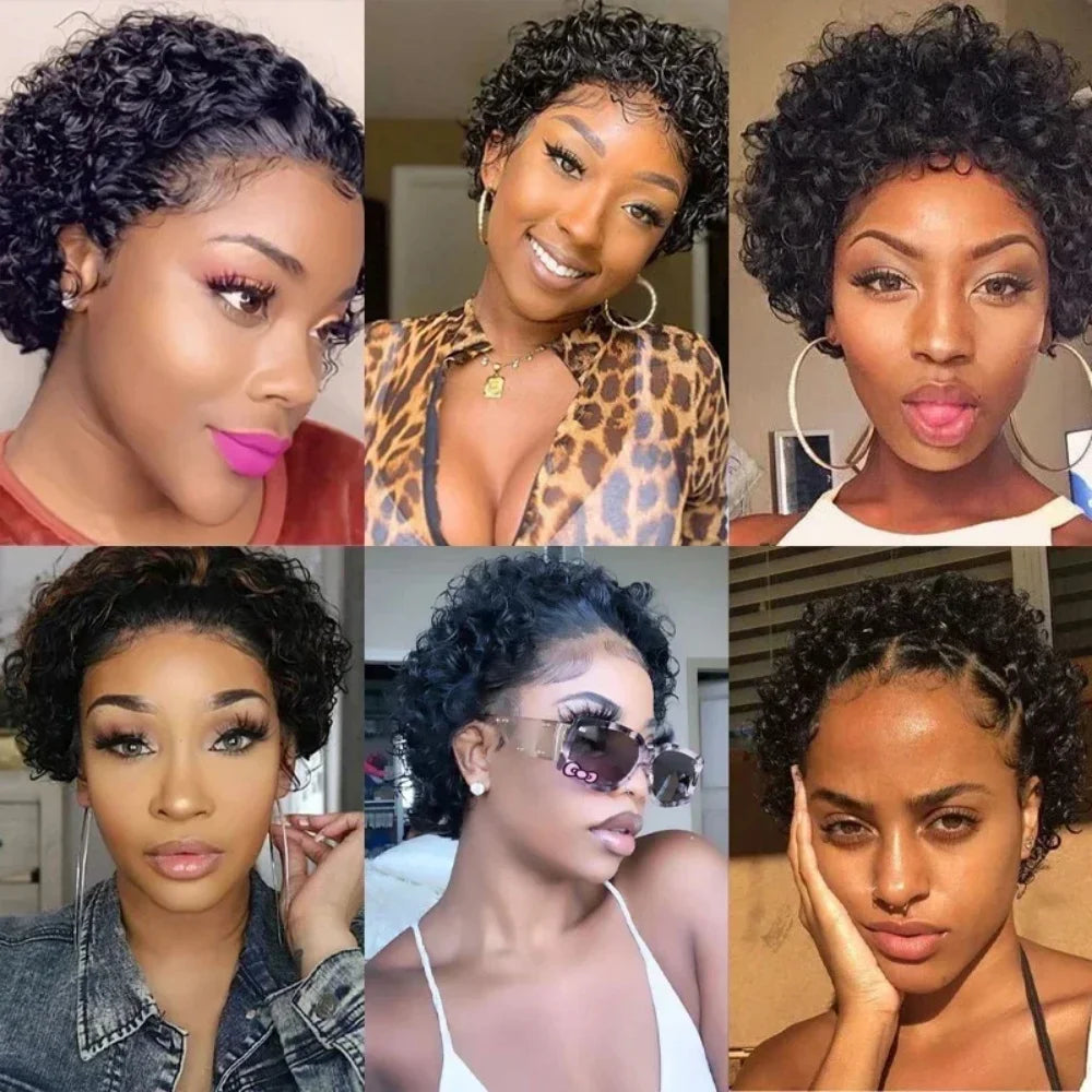 Pixie Cut Wig for Black Women Preplucked 13x1 13x4 Lace Hairline Water Wave Wig Peruvian Short Curly Lace Bouncy Human Hair Wigs