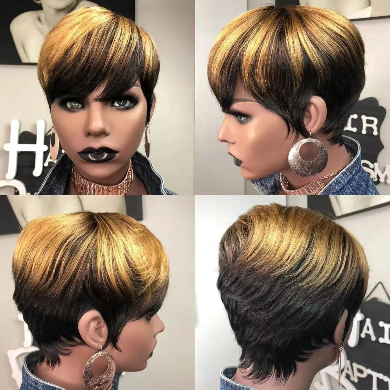 Perruque courte et lisse en cheveux humains, coupe Pixie, fabriquée à la machine, pour femmes noires, avec frange, dégradée, vierge, noir 1B, bonnet complet