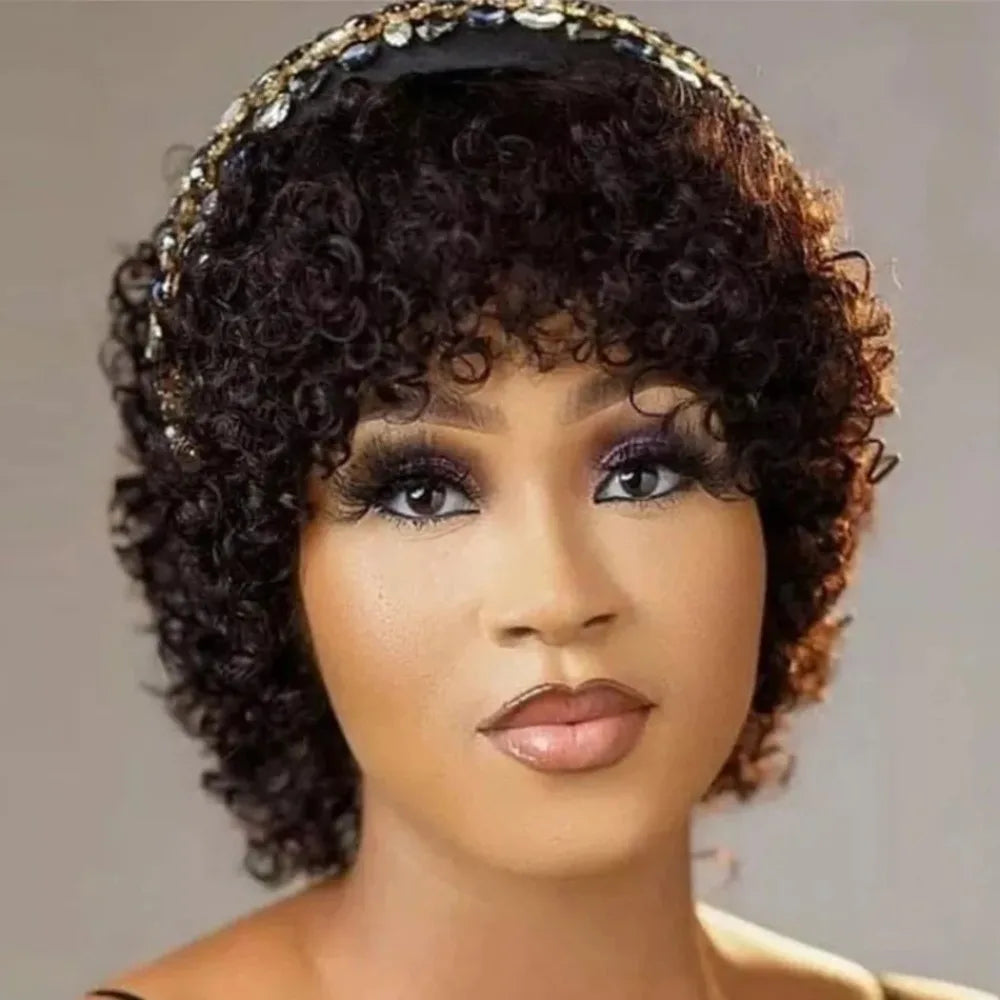 Full Machine Made 8 Inch Short Pixie Curly Bob Wig with Bangs Brazilian Human Hair Bouncy Curl Wig for Women Ready to Go Wig 