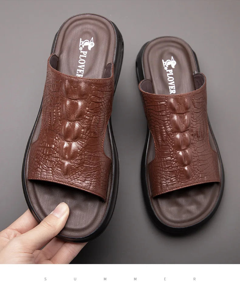 Chaussures d'été pour hommes, sandales en cuir véritable, imprimé crocodile, pantoufles décontractées, tongs à coussin d'air, chaussures de plage cool