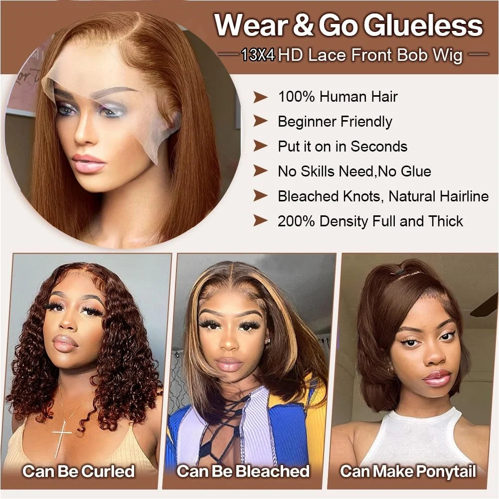 200% BSGN Chocolate Bob Wigs 13X4 HD Transparent Lace Frontal Wigs Human Hair 100% Human Hair For Woman Pre Plucked Glueless Wig