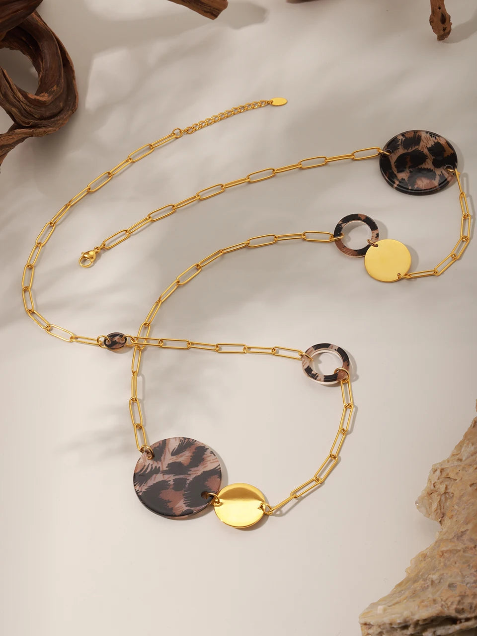 Collier long en acier inoxydable plaqué or 18 carats pour femme, chaîne de pull, imprimé léopard, accessoires de bijoux