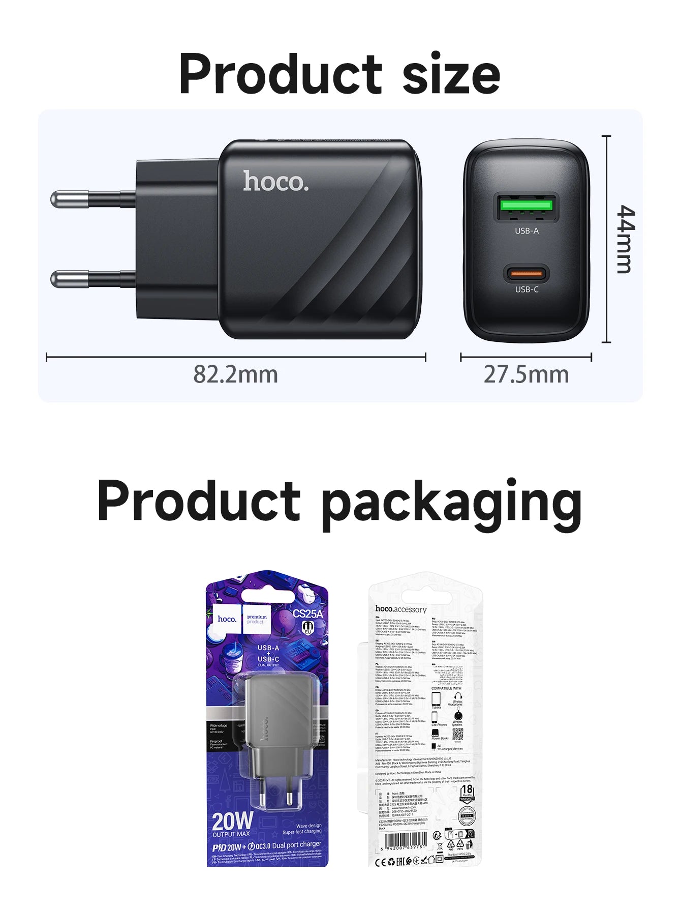 HOCO CS25A 20W USB Type C Charger PD Fast Charge Phone QC 3.0 Quick Chargers For iPhone 15 14 13 12 Pro Max Mini iPad Charging