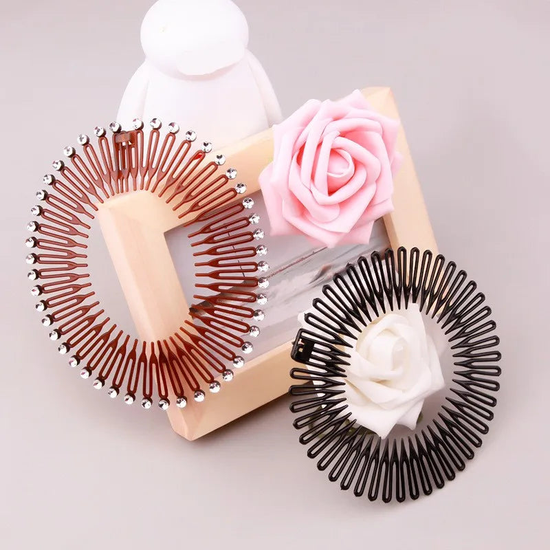 2pcs Rhinestone Plastic Full Circle Stretch Diamond Flexible Comb Teeth Headband Hair Band Clip Face Wash Fixed Hair Accessories