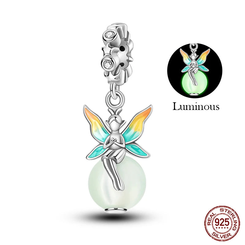 New 925 Sterling Silver Luminous Elf Blue Purple Butterfly Moon Life Tree Charms Beads Fit Pandach Original Bracelet DIY Jewelry