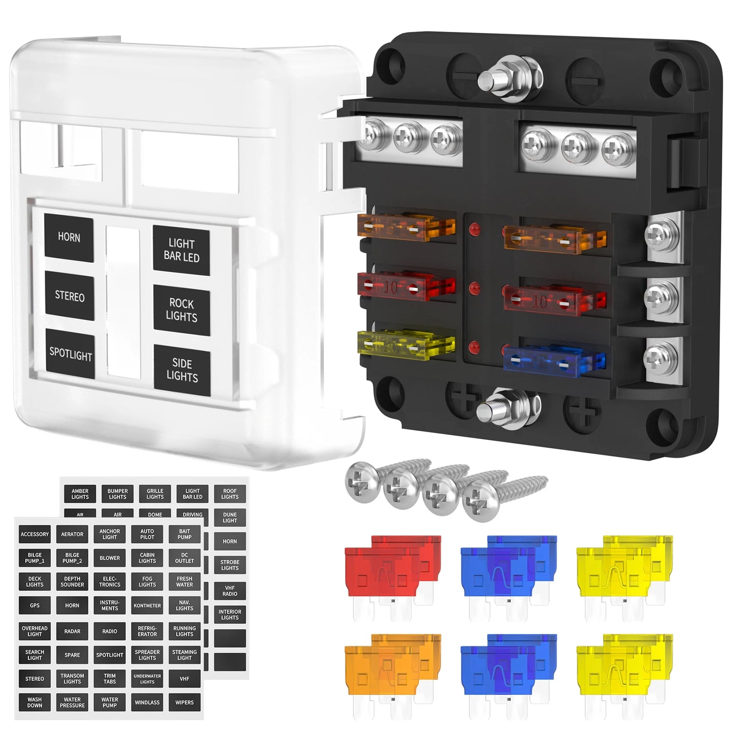 Bloc de fusibles à lame 12 V 6 voies avec indicateur LED, couvercle de protection étanche et autocollant pour voiture, camion, remorque