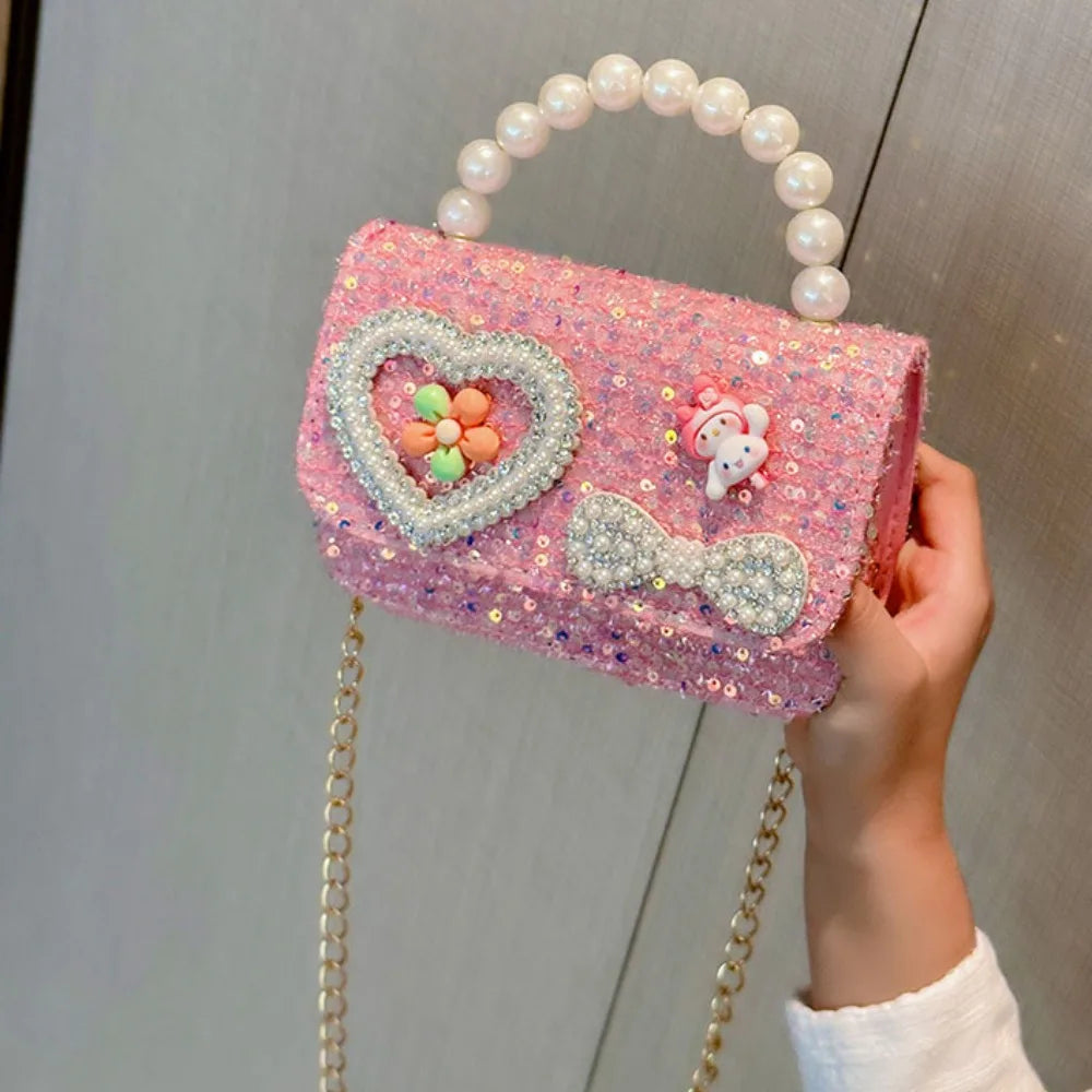 2024 Korean Style Pearl Kid's Handbag Lace Bow Princess Shoulder Messenger Bag Sequin Zero Wallet Pocket Pack