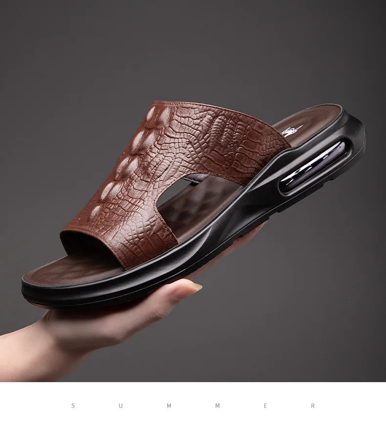 Chaussures d'été pour hommes, sandales en cuir véritable, imprimé crocodile, pantoufles décontractées, tongs à coussin d'air, chaussures de plage cool