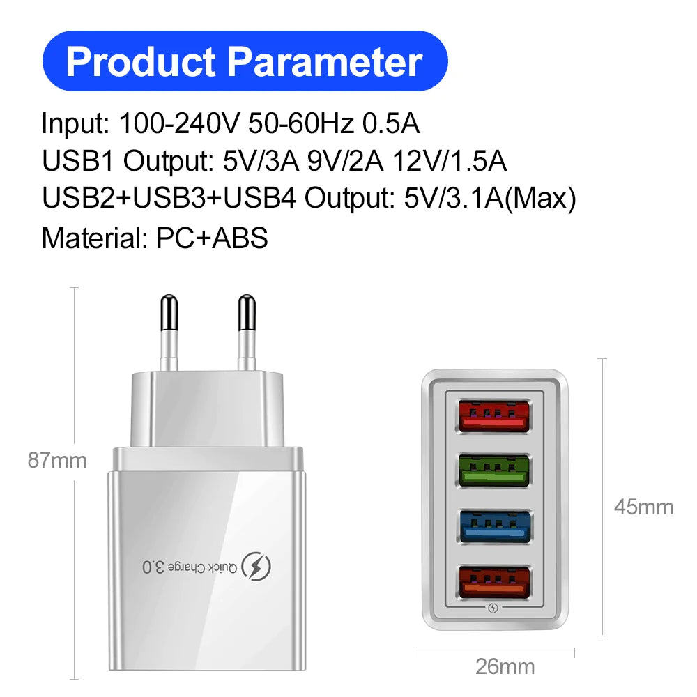 4 Ports USB Charger Fast Charging EU/US Plug Mobile Phone Charger Universal Quick Charge 3.0 Power Adapter For Xiaomi 12 Pro Max