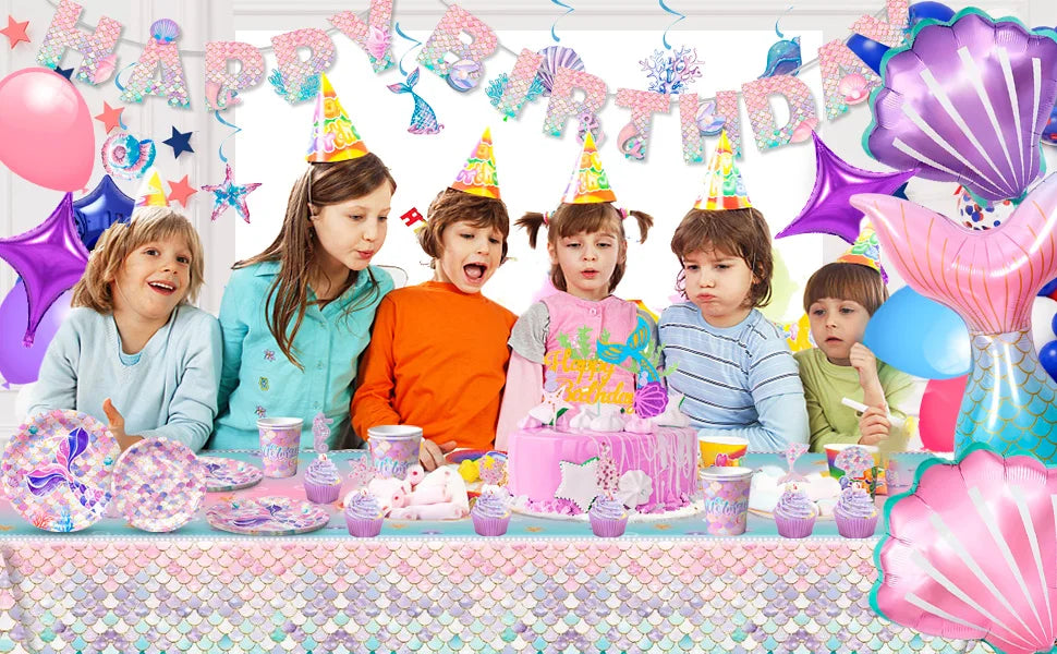 Mermaid Party Supplies,90 Pcs Party Supplies Kit-Mermaid Birthday Plates Cups Napkins Tablecloth&Banner Balloons etc for Girls