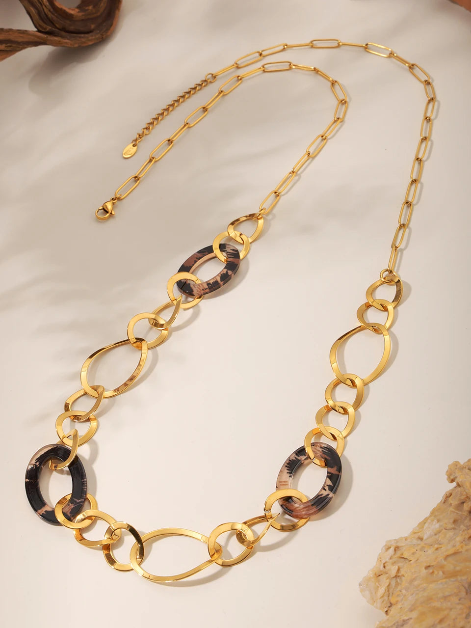 Collier long en acier inoxydable plaqué or 18 carats pour femme, chaîne de pull, imprimé léopard, accessoires de bijoux