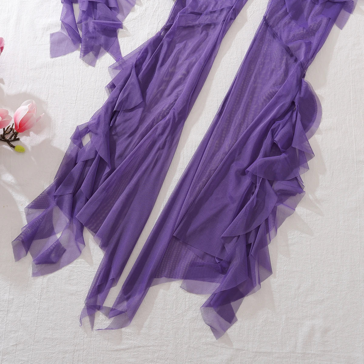 Summer Sexy Four Piece Solid Color Mesh Top Open Skirt Mini Beach Wear Holiday Travel Dress Sexy Long Pants Set