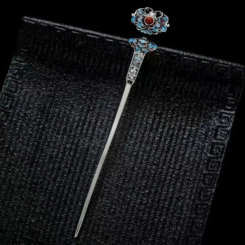 Classic charms enamel Lotus flower blue tiara hair Jewelry 925 silver exquisite ethnic style Hanfu qipao hanfu accessories